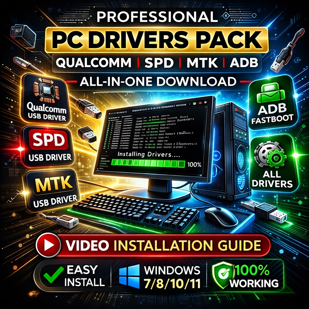 Professional PC Drivers Download – Qualcomm | SPD | MTK | ADB All Drivers Pack with Installation Video Support